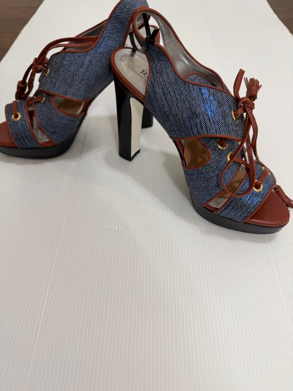 Ron White Signature Denim & Leather Lace-Up Sandals - 38.5